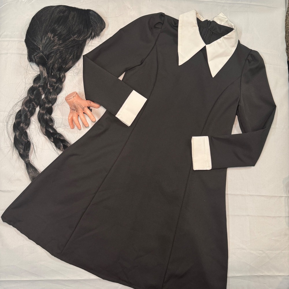 Kids Wednesday Addams Costume Dress Black White Collar Wig Prop Hand Thing